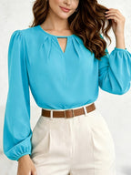 Princess Sleeve Loose Top 2026 Summer New Arrival Women's Versatile Top, Hollow V-Neck Long Sleeve Women's Shirt, French-Style Vintage Puff Sleeve Blouse, Maillard Style Versatile Elegant Top, French-Style Vintage Style, Maillard Casual Style - sky blue