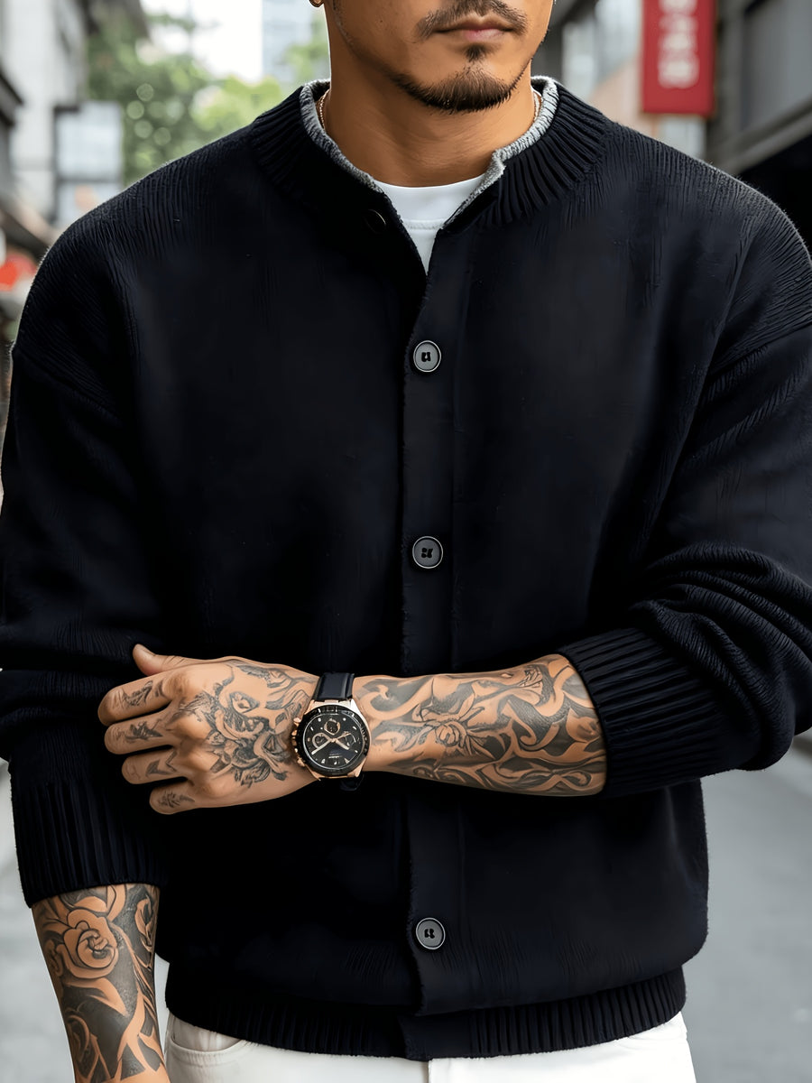 Men's New Spring/Autumn Solid Color Long-Sleeve Knit Cardigan with Contrast Color Stand Collar and Single-Breasted Buttons, Urban Street Style Casual Textured Top, Versatile Commuter Wear for Mature Young Men - Black