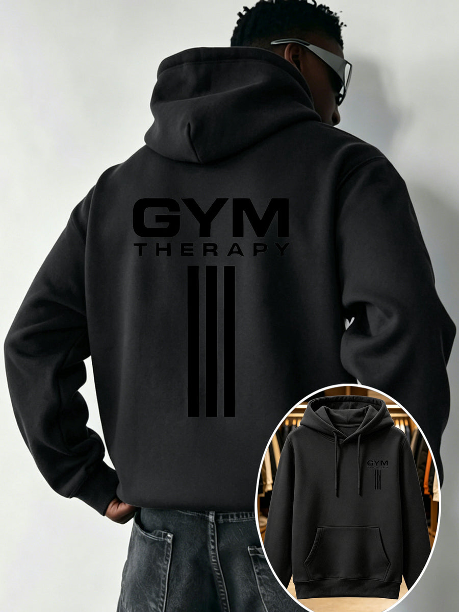 Men'S Trendy Print Casual Hooded Sweatshirt - GYM THERAPY Vertical Fitness Text Double-Sided Pattern Regular Fit with Front Kangaroo Pouch, Adjustable Drawstring Hood, Soft Fabric, Washable Print, Home, Commute, Camping Wear - Black