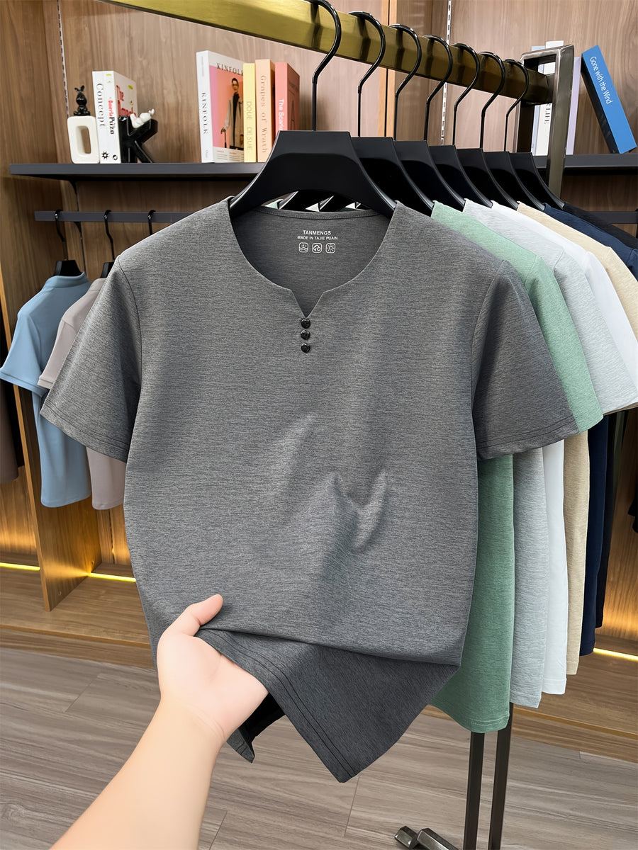 [Qiaoximei OBM] Collarless Men'S Top, Summer New Men'S Collarless Henley Shirt, Fake Button Decoration, Men'S Easy Wear, Suitable for Casual Outings And All-Match Style, Men'S Gift - Dark Gray