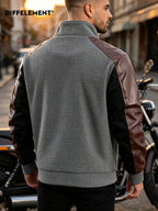 Adult Men'S Stand-Up Collar Patchwork Motorcycle Jacket for Daily Outing Windproof Casual All-Match Single Wear Inner Layer Plaid Knit Patchwork Fabric Fitted Short Stand-Up Collar Style Street Riding Commute Spring Autumn Wear Metal Zipper Ribbed C - Grey