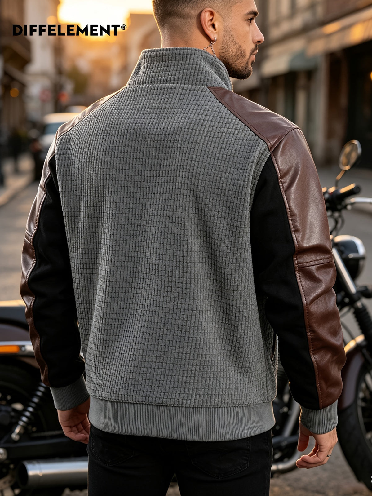 Adult Men'S Stand-Up Collar Patchwork Motorcycle Jacket for Daily Outing Windproof Casual All-Match Single Wear Inner Layer Plaid Knit Patchwork Fabric Fitted Short Stand-Up Collar Style Street Riding Commute Spring Autumn Wear Metal Zipper Ribbed C - Grey