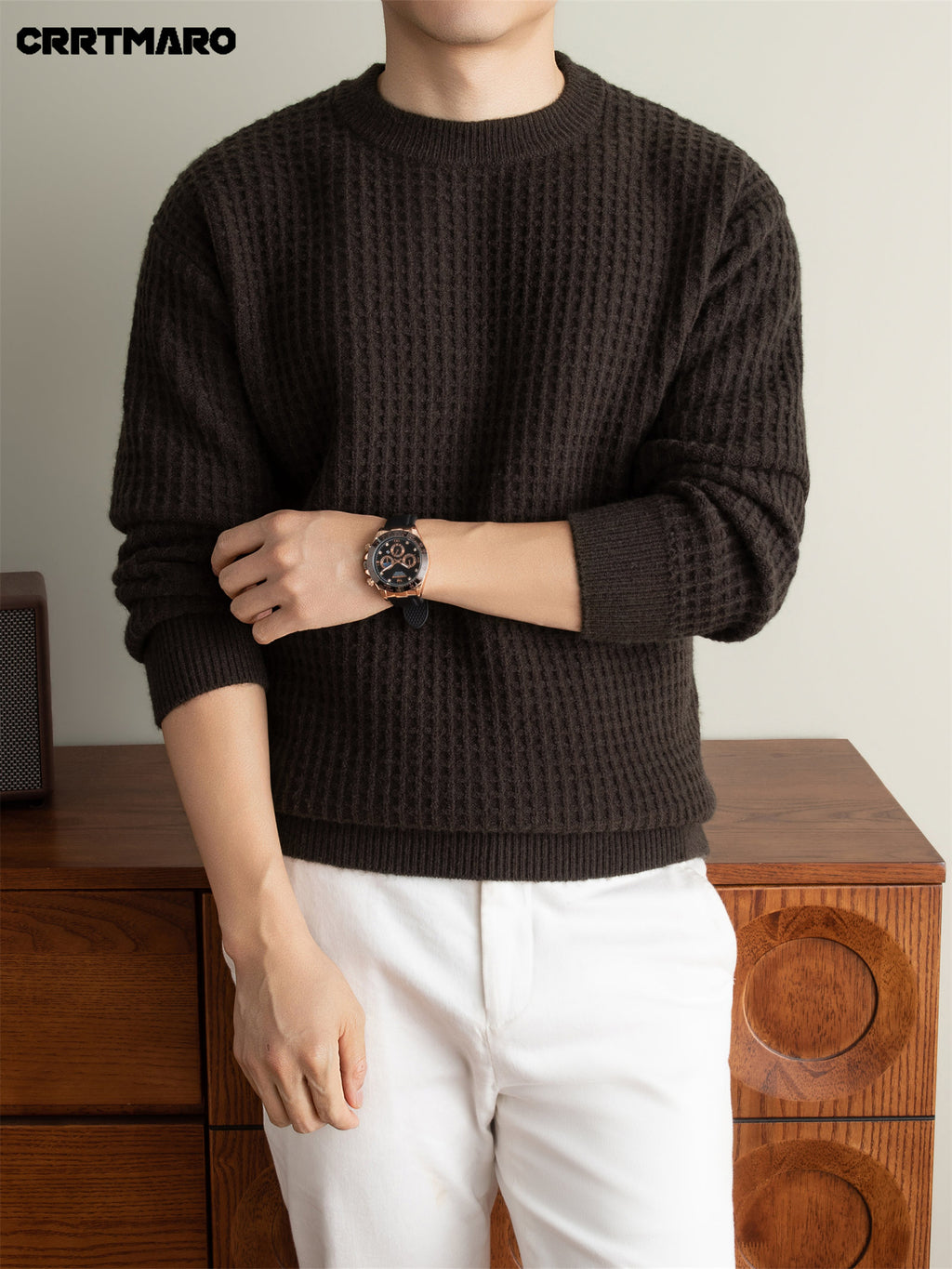 Men'S Heavyweight Thick Crew Neck Pullover Sweater, Warm Casual Layering Top for Fall And Winter - Coffee Color