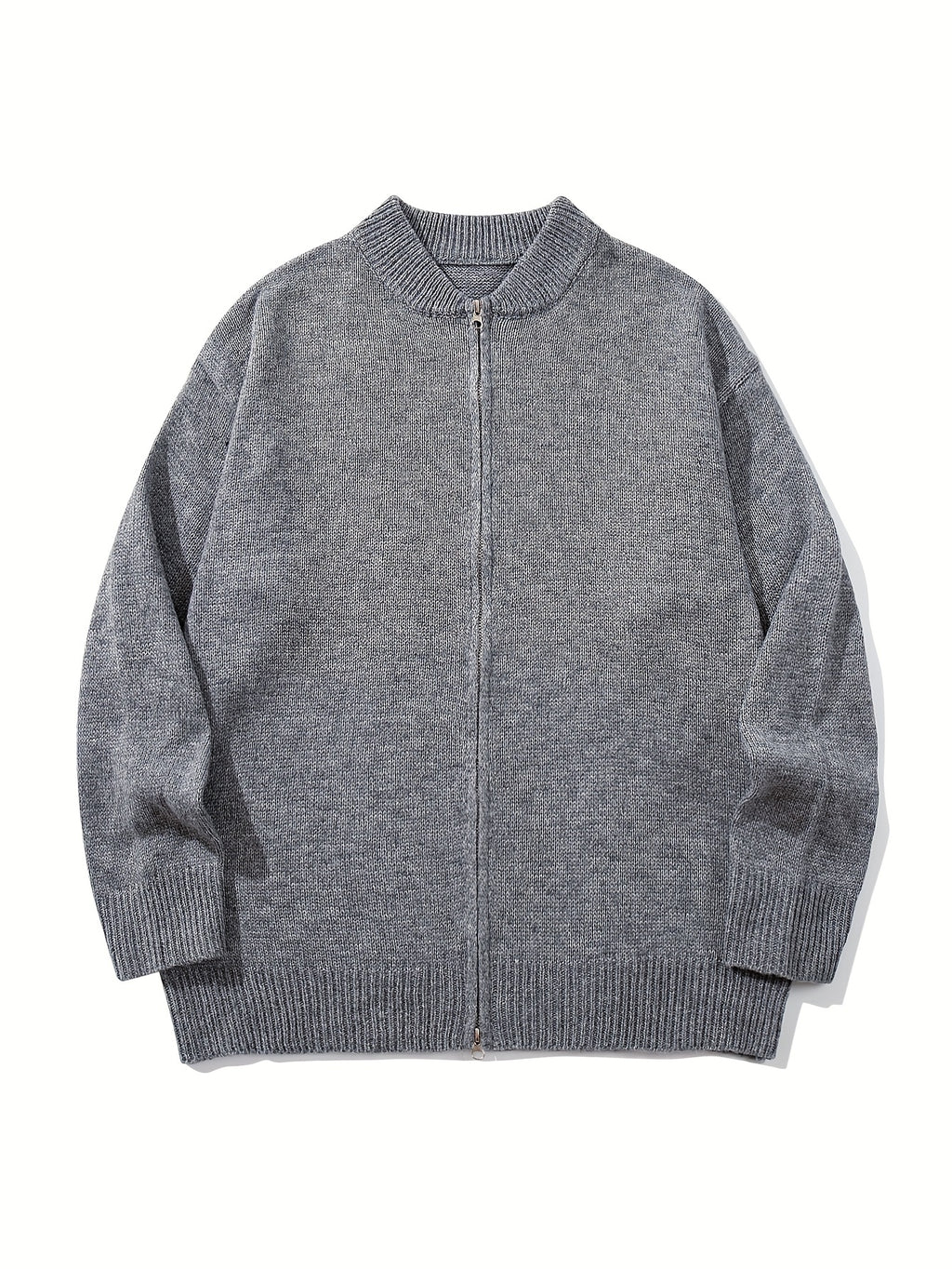 Autumn/Winter New Japanese & Korean Style Men's Simple Versatile Solid Color Casual Loose Long Sleeve Zipper Fabric Cardigan Open Front Knitted Outerwear - Grey