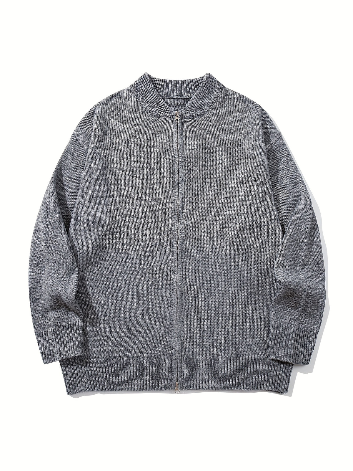 Autumn/Winter New Japanese & Korean Style Men's Simple Versatile Solid Color Casual Loose Long Sleeve Zipper Fabric Cardigan Open Front Knitted Outerwear - Grey