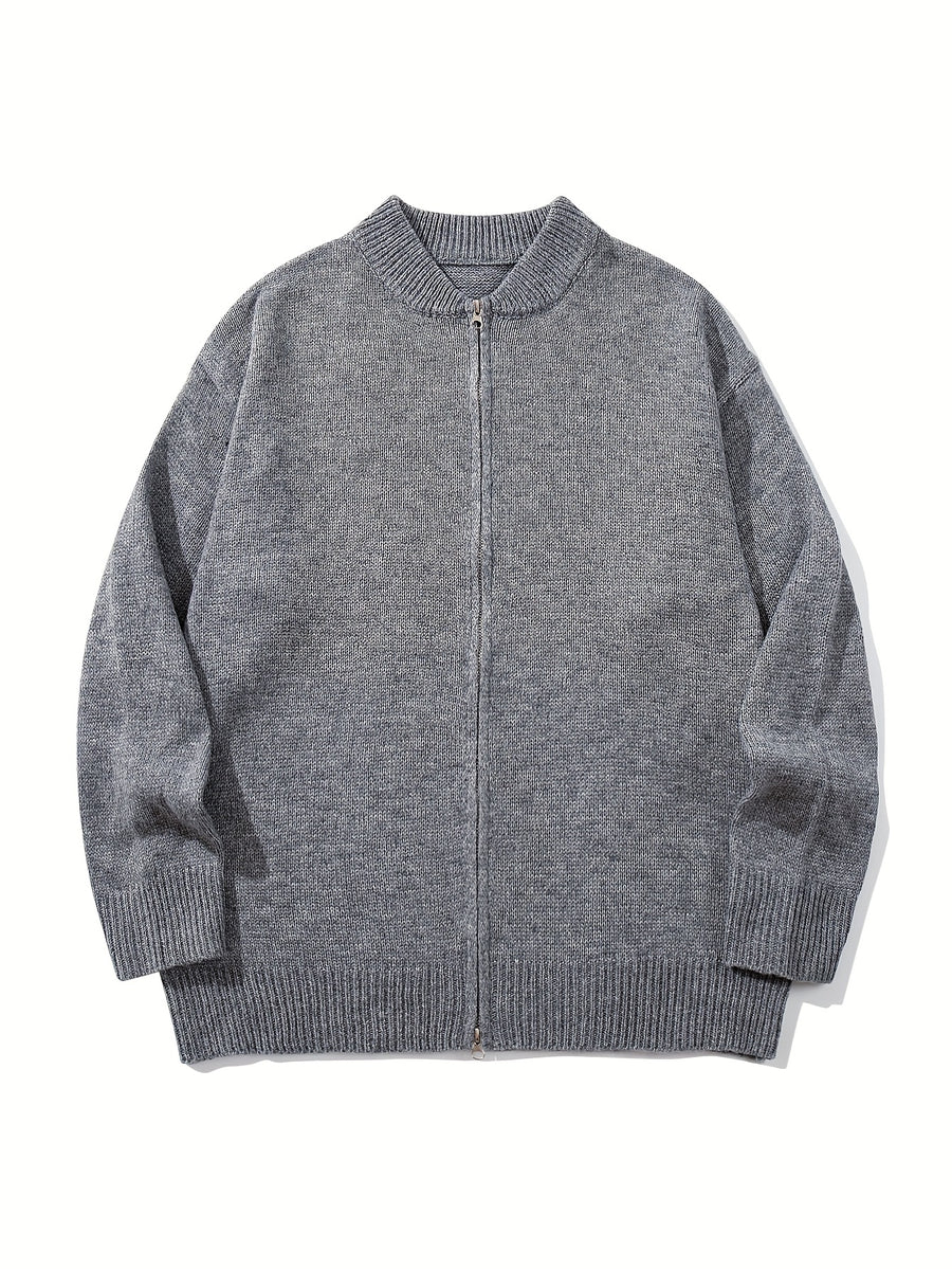 Autumn/Winter New Japanese & Korean Style Men's Simple Versatile Solid Color Casual Loose Long Sleeve Zipper Fabric Cardigan Open Front Knitted Outerwear - Grey