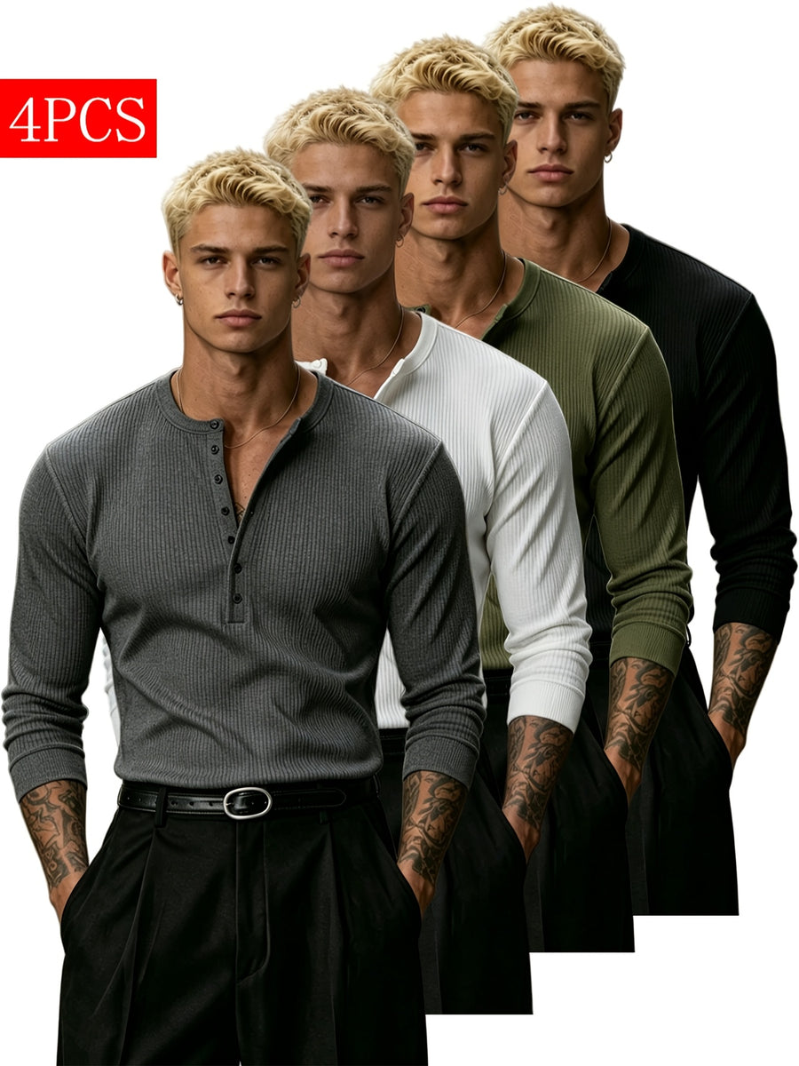 Men'S 4pcs Set of Henley Collar Pinstripe Long-Sleeve Base Layers, Elastic Knit Solid Color Button-Up Shirts for Fall Winter All-Season Inner Wear And Outer Wear, Commute Fitness Multi-Scene Versatile Men'S Clothing - Mixed colors