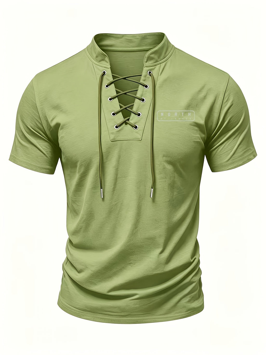 Men's Summer Tie-Strap Stand Collar Short-Sleeve T-Shirt, Featuring a Solid Color Design to Break the Monotony of Outfits. Made from Skin-friendly, Breathable, and Comfortable Fabric, with a Clean-cut Silhouette That Accentuates Your Figure - fern green