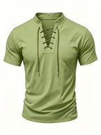 Men's Summer Tie-Strap Stand Collar Short-Sleeve T-Shirt, Featuring a Solid Color Design to Break the Monotony of Outfits. Made from Skin-friendly, Breathable, and Comfortable Fabric, with a Clean-cut Silhouette That Accentuates Your Figure - fern green