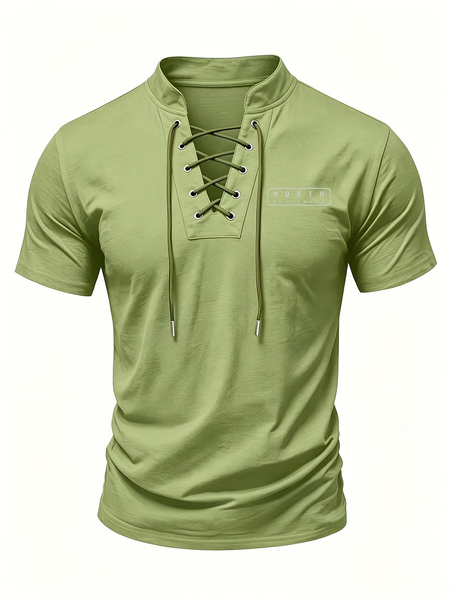 Men's Summer Tie-Strap Stand Collar Short-Sleeve T-Shirt, Featuring a Solid Color Design to Break the Monotony of Outfits. Made from Skin-friendly, Breathable, and Comfortable Fabric, with a Clean-cut Silhouette That Accentuates Your Figure - fern green