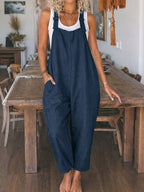 Women's Casual Vacation Loose Solid Color Overalls Jumpsuit - Navy Color
