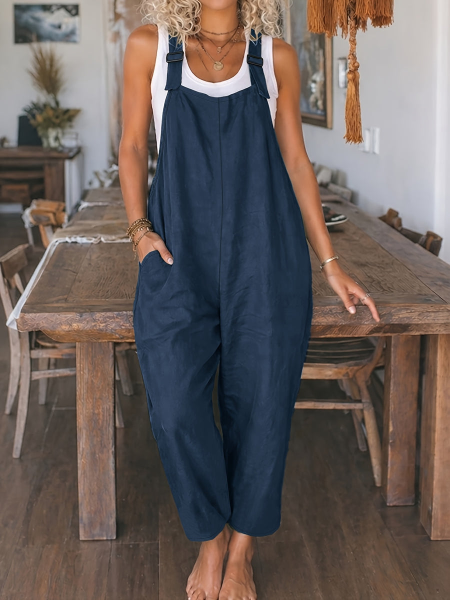 Women's Casual Vacation Loose Solid Color Overalls Jumpsuit - Navy Color