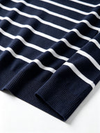 Men's Vintage Nautical Lapel Knit Long-Sleeve Sweater with Classic Thin Horizontal Stripe Design, Relaxed V-Neck Pullover Suitable for Layering or Wearing as a Casual Outerwear Cardigan - Navy Color