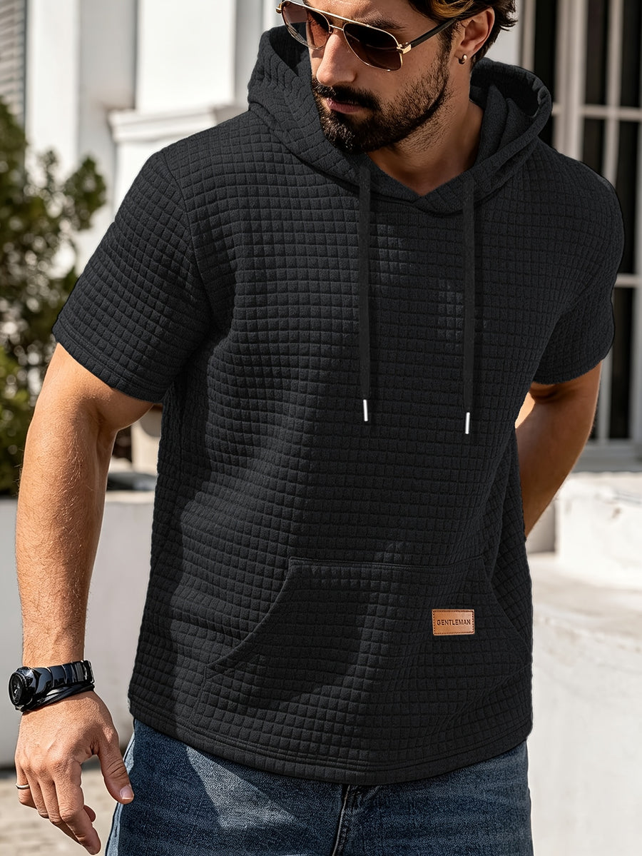 Men's Casual Summer New Arrival Short-Sleeve Versatile Fashionable Sporty Comfortable Trendy Loose Waffle Knit Hooded T-Shirt - Black