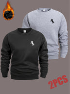 Men'S Crew Neck Sweatshirt 2-Pc, Fleece-Lined And Thickened Sweatshirt, Men'S Casual And Fashionable Top, Can Be Worn Inside Or Outside, Stylish Small Horse Logo Pattern - Black+Light Grey