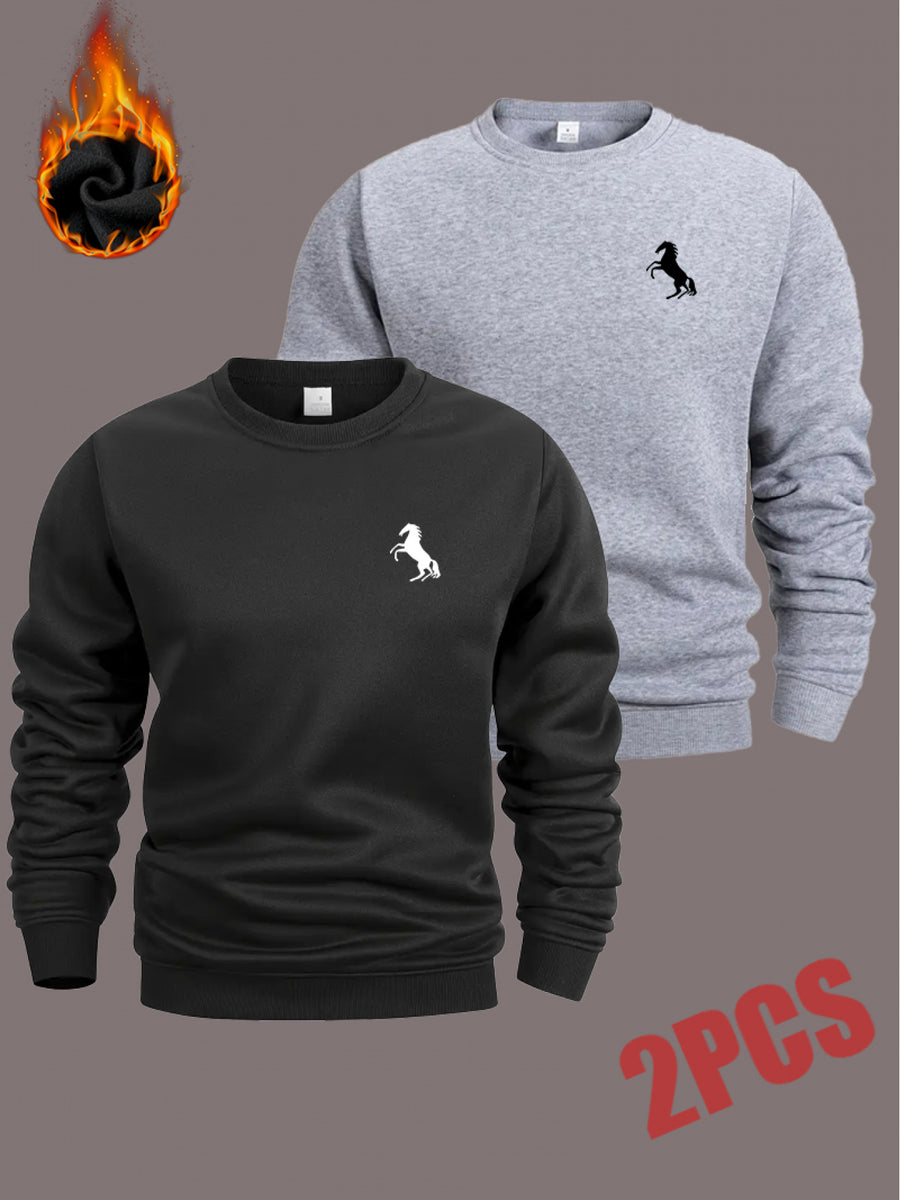 Men'S Crew Neck Sweatshirt 2-Pc, Fleece-Lined And Thickened Sweatshirt, Men'S Casual And Fashionable Top, Can Be Worn Inside Or Outside, Stylish Small Horse Logo Pattern - Black+Light Grey