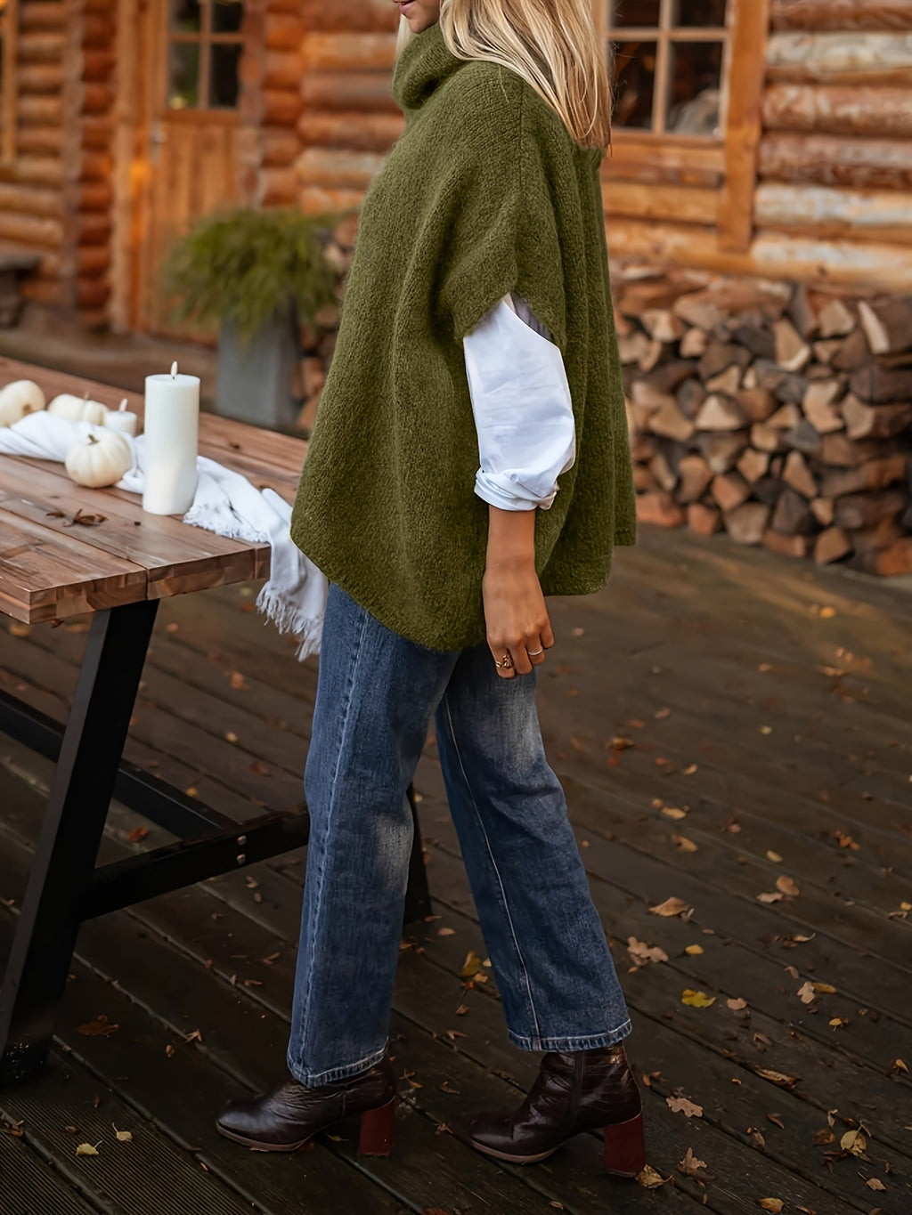 WY0813037 New Autumn Winter European and American Fashion Solid Color High Neck Comfortable Shawl Cape Sweater for Women 2025 - Olive Green