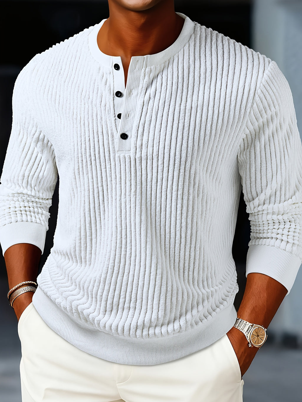 ROYALBOY Spring New Men'S Fashion Casual Solid Color Long Sleeve Henley Shirt, Half-Open Placket, Retro Button Design, Suitable for Daily Commute, Easy Versatile, Inner Layer, Machine Washable, Non-Dry Clean, Material - White