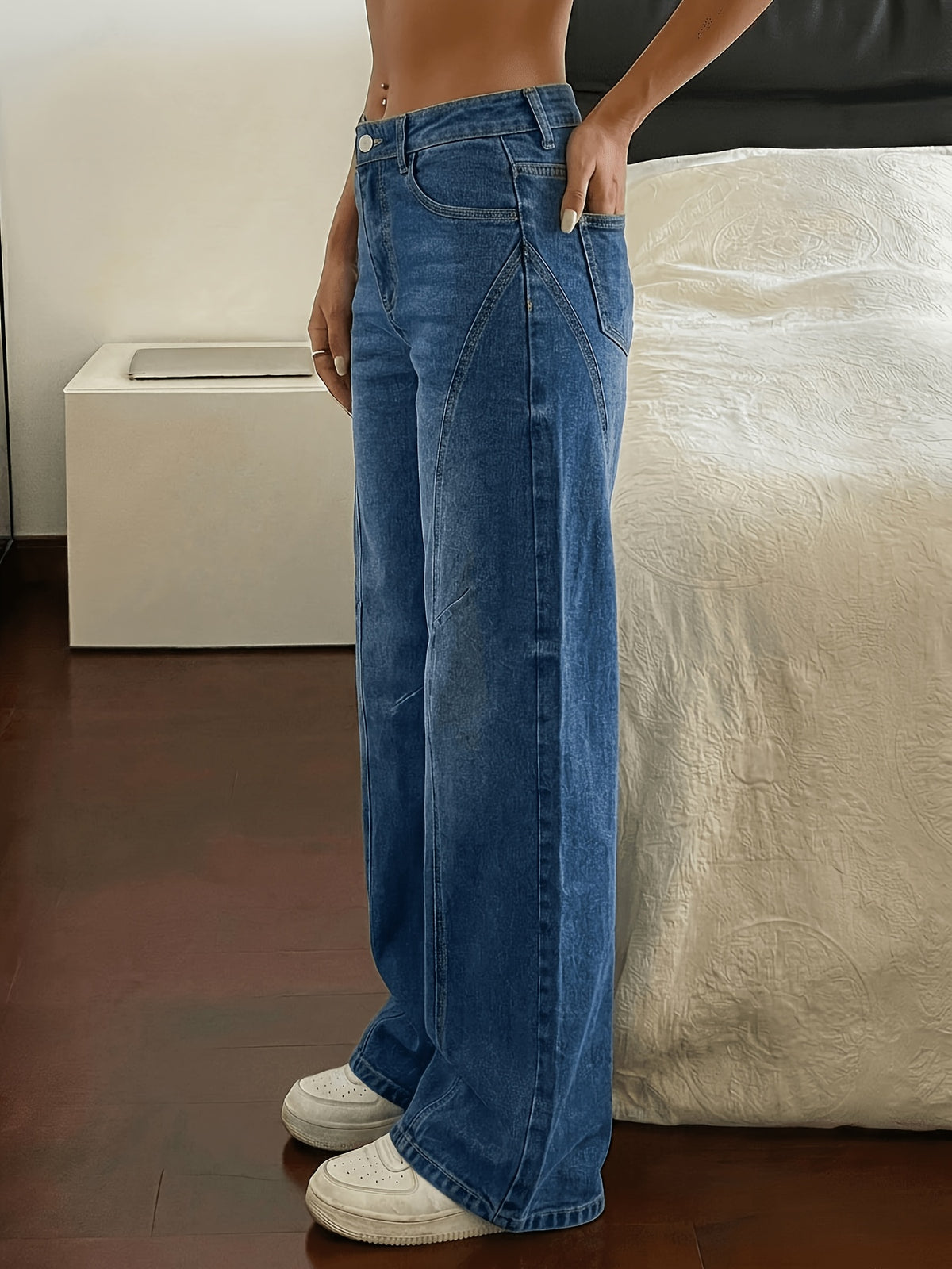 Women'S Casual Stretch Mid-Rise Jeans, Regular Straight Fit with Slit-Patchwork And Leg Design, Easy Fashionable All-Match Straight Trousers - Medium Blue