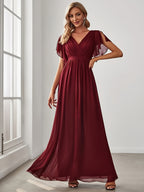 Burgundy Eternal Beauty Chiffon Cami Wedding Dress, Slit And Ruched Butterfly Sleeves, Back Tie-Up - Deep Red