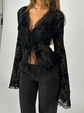 Women'S Spring Summer Temperament Elegant Floral Mesh Lace Ruffled Flared Sleeve Blouse - Black