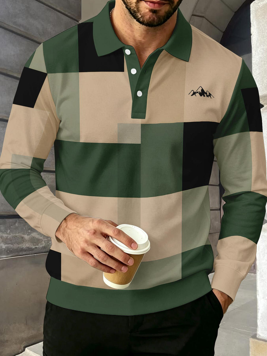 Color-Block Men'S Long Sleeve Polo Shirt, Lapel 3-Button Casual Top, Oil Painting Block Plaid Contrast Print, Spring Autumn Business Commute Golf Versatile Men'S Wear, Teenager Men'S Birthday Holiday Surprise Gift - Mixed Color I