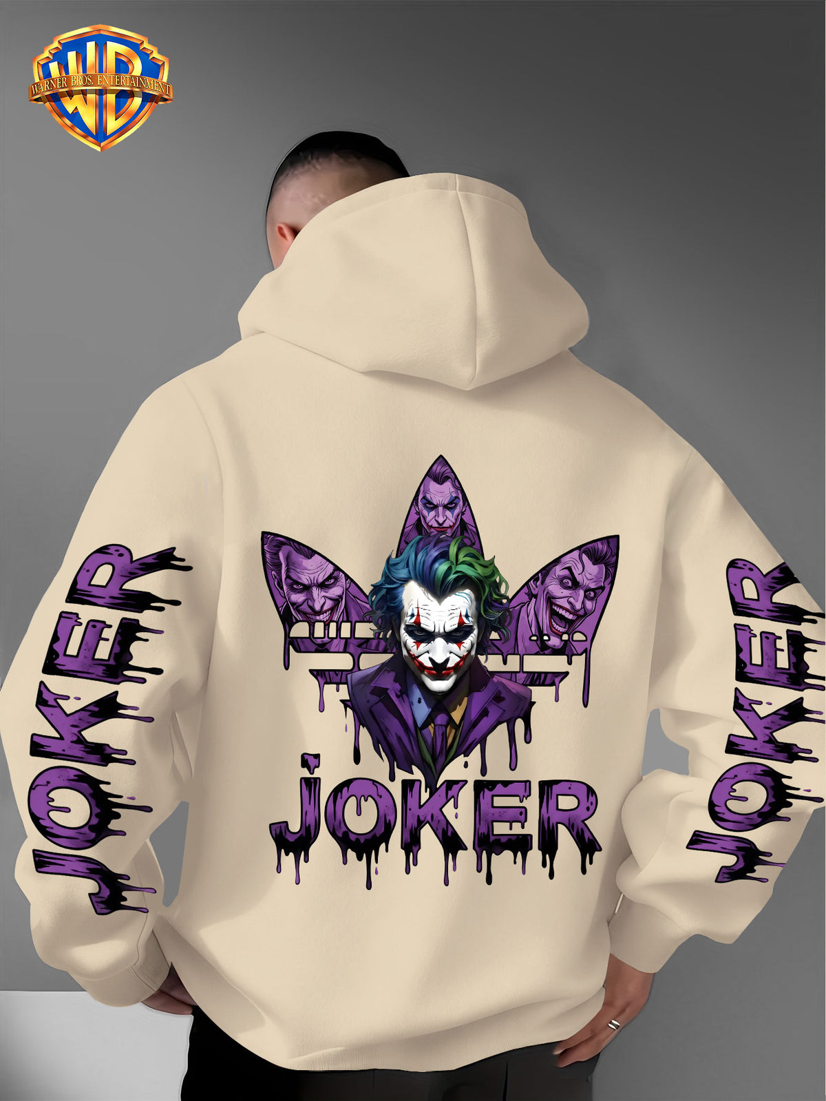 Warner Bros. DC JOKER Purple and Black Graffiti Portrait Men's Fashion Hooded Sweatshirt, Sleeve Print Design, Kangaroo Pocket, Drawstring Hood, Suitable for Daily Wear and Outdoor Sports, an Excellent Choice for Warmth - Apricot