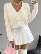 Spring 2026 Spring/Summer Women'S Handcrafted 3D Floral Embellishment Western Fashion Elegant Solid Lace Crochet Cardigan Top Jacket Women'S, Suitable for Daily Wear And Commuting, Spring Outing, All Seasons, Versatile Style - Apricot