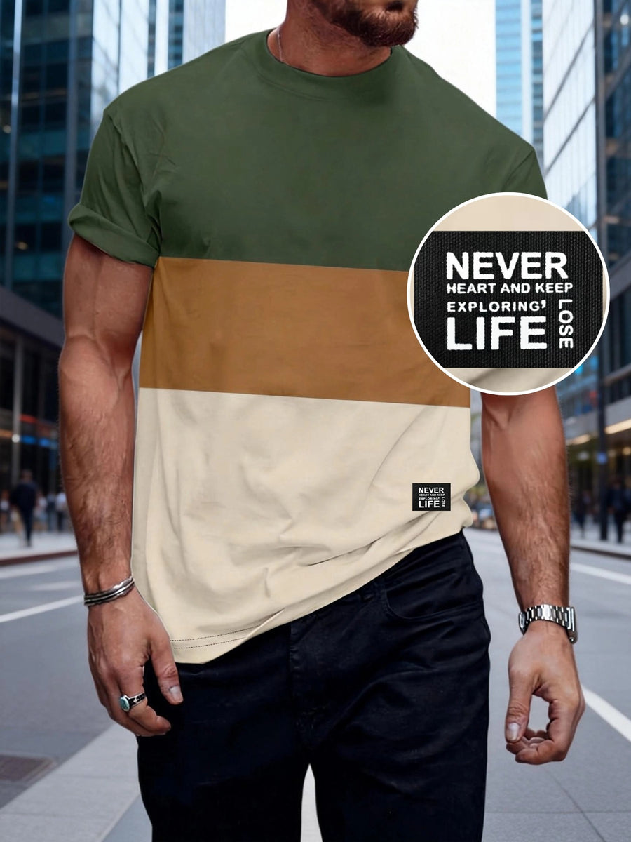 180g 100% Men's Three-Color Patchwork Short-Sleeve Top, Positioning Badge "NEVER LIFE": Summer All-Season Base Layer, Factory-Made for Men, Comfortable, High-Quality, High-Fit Rate, Casual Sportswear - Mix color 5