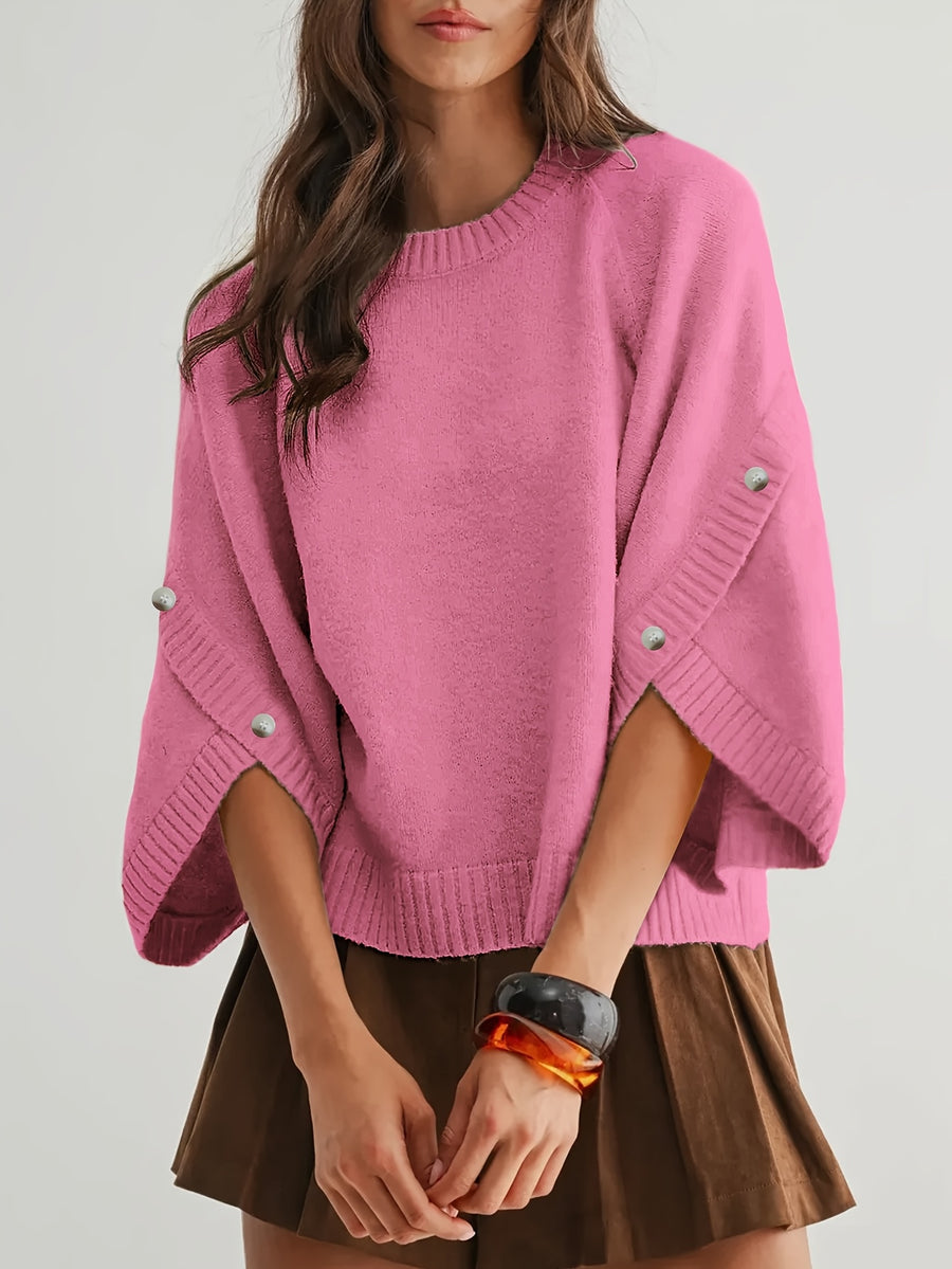 Women'S Round Neck Batwing Sleeve Pullover Sweater, Autumn Casual Regular Soft Solid Short Length 3/4 Sleeve Top, Side Slit Button Detail Daily Commute Base Layer (Prefer Loose Fit, Recommended Size Up) - Rose Pink