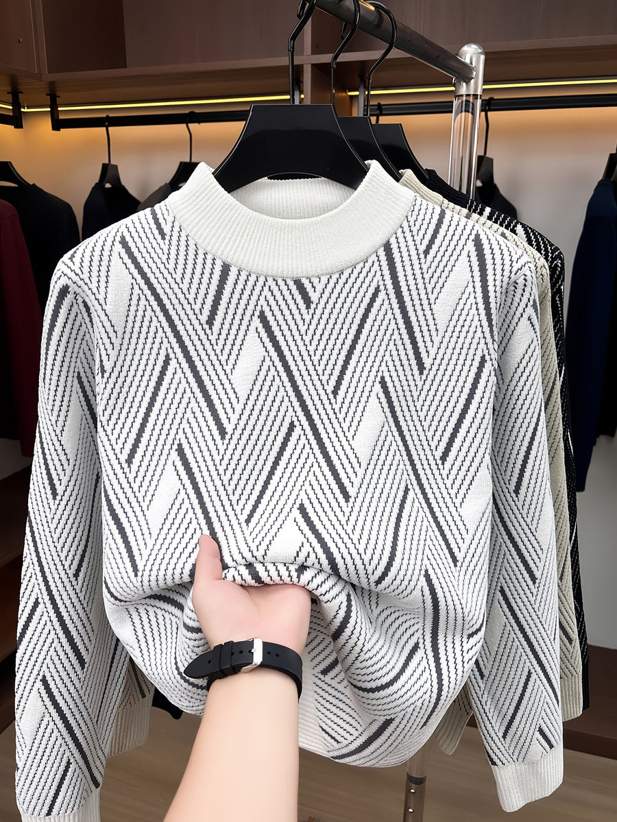 Men'S Mid-Length Round Neck Jacquard Sweater Autumn Winter Knit Casual Pullover Warm Top - White
