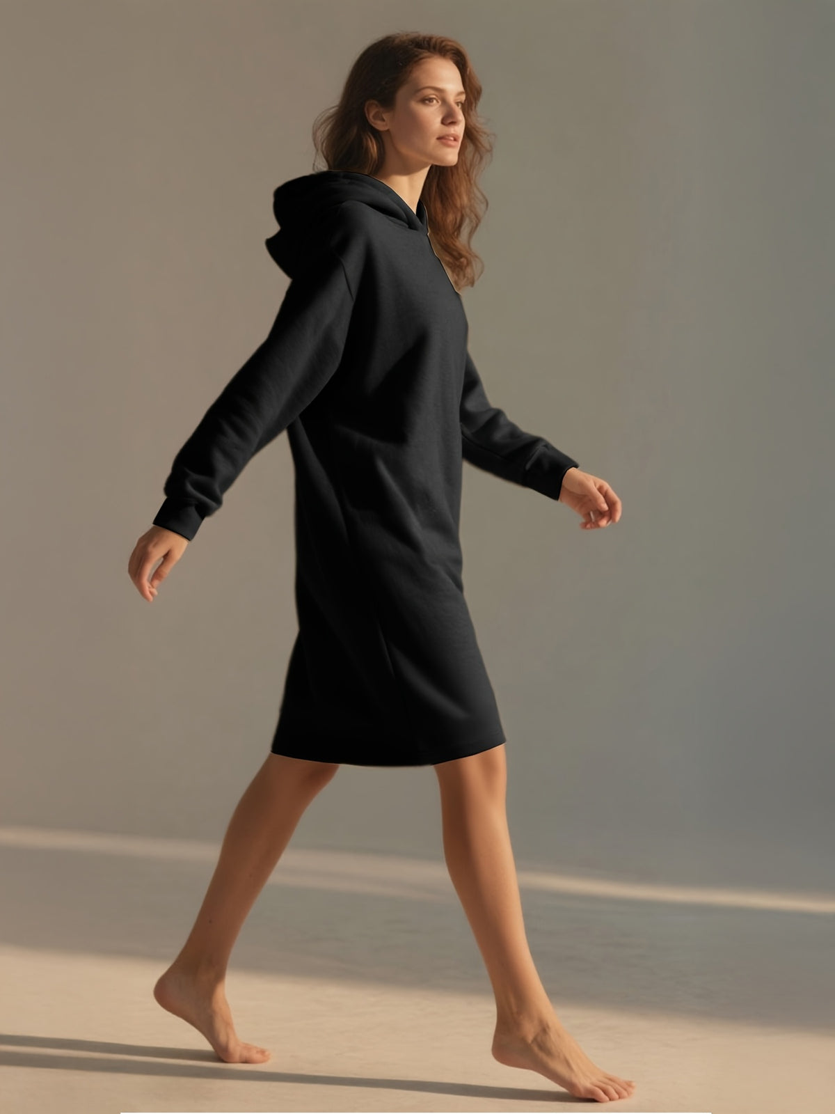 2pcs Long Casual Hooded Dress Set - Black+Grey