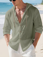 Men's Henley Shirt Linen Long Sleeve, Comfortable And Breathable Fabric, Suitable for Daily Outings, Outdoor Sports, Travel, And Vacation, Lightweight And Breathable Regular Fit, Ideal for Beach, Hiking, Evening Wear, And Casual Street Style - Olive Green