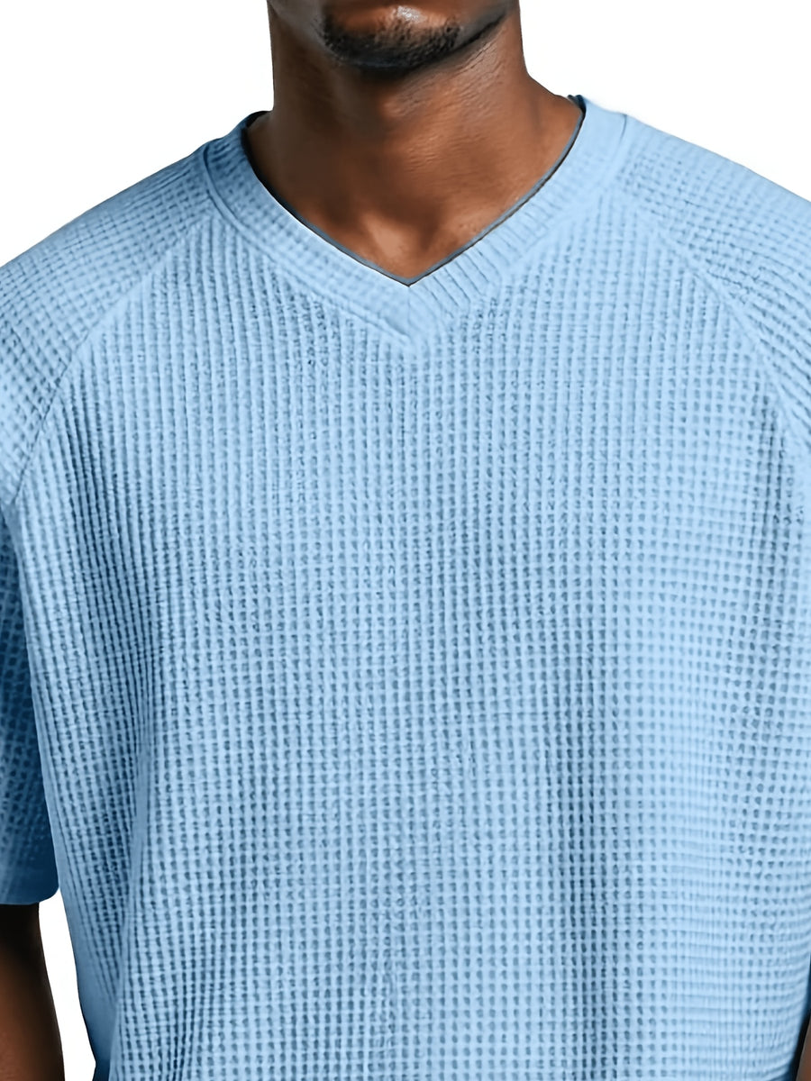 Men's Minimalist Waffle Knit V-Neck Short Sleeve Casual Breathable Sports Vacation Beach Raglan Sleeve Herringbone T-Shirt - Sky Blue