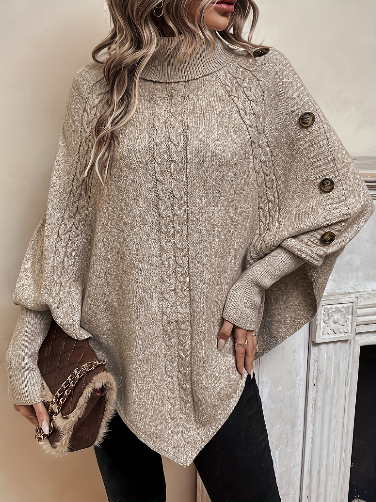NIAN Premium Solid Color Long Sleeve Sweater Women'S Fashion High Neck Pullover - Khaki