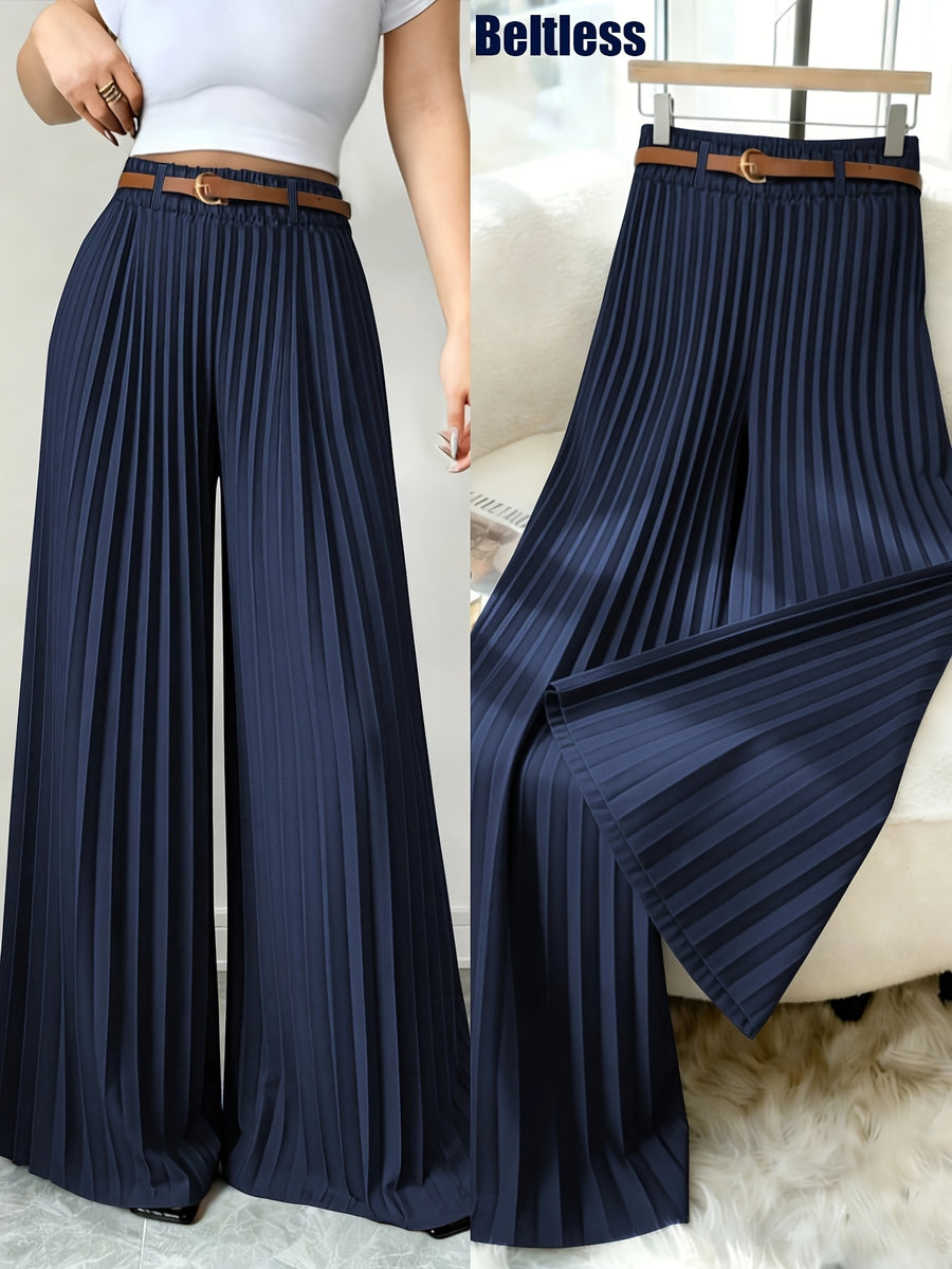 ASD1 Women's New Elegant Solid Color Stretch Waist Pleated Wide-Leg Pants, Designed Specifically for Commuting, Belt Not Included - Navy Color