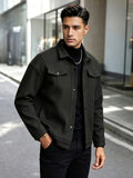 Autumn Winter Men'S Short Jacket Loose Lapel Cargo Coat Youth Solid Color All-Match Casual Top - Black