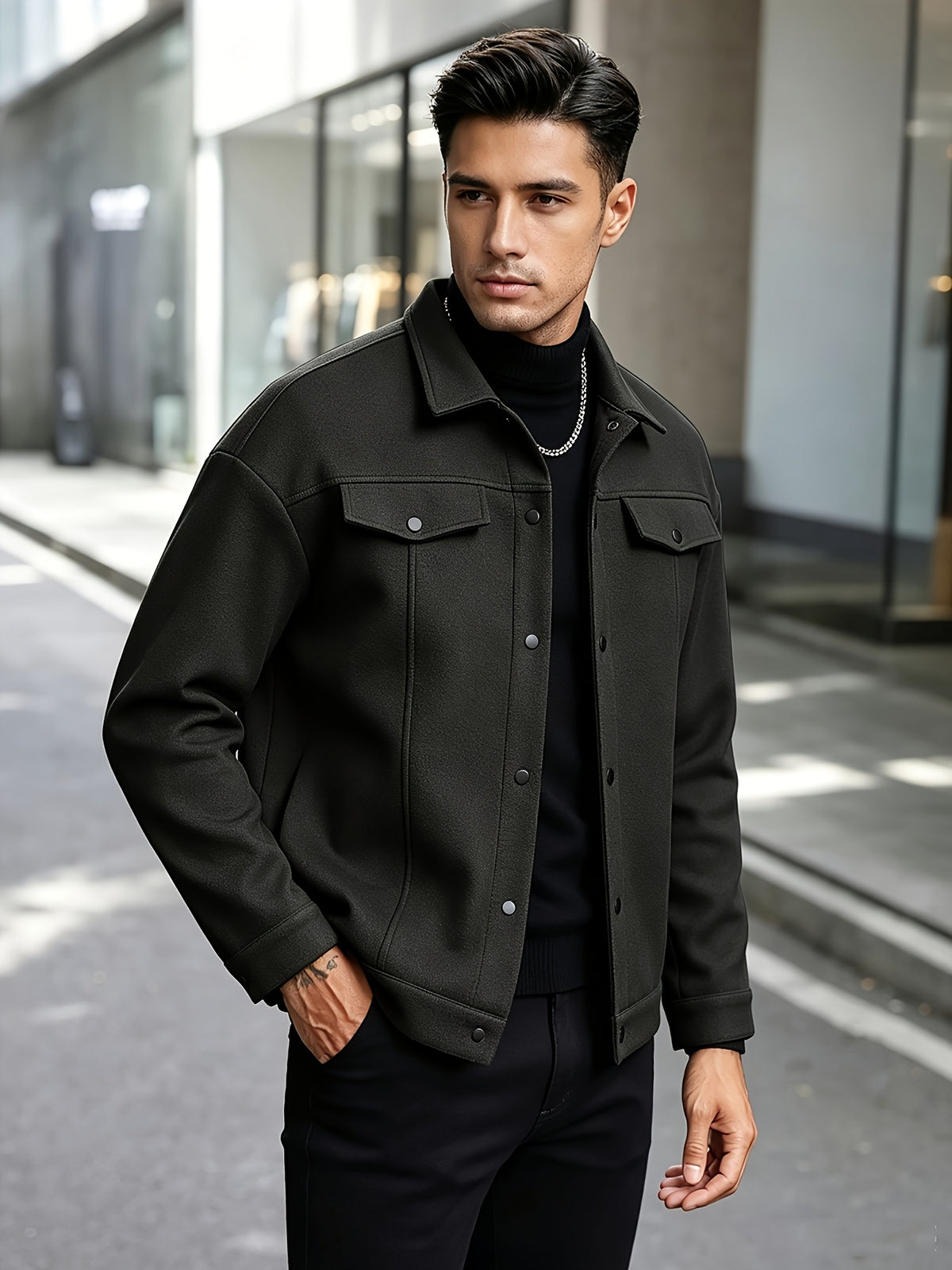 Autumn Winter Men'S Short Jacket Loose Lapel Cargo Coat Youth Solid Color All-Match Casual Top - Black