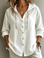 Women's Casual Solid Color Single-Breasted Hooded Long-Sleeve Shirt - White