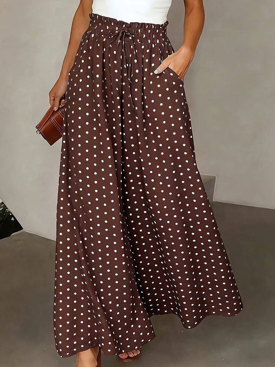 Summer Elegant Chic Romantic Women'S Printed Ruffled Waistband Wide-Leg Casual Loose Vacation Trousers with Fake Drawstring Casual Style - Coffee Brown