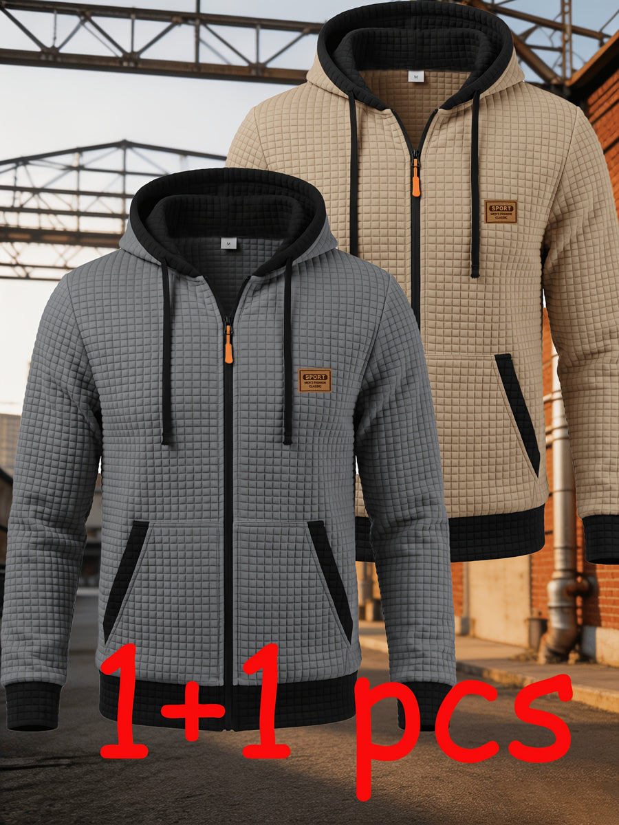 2pcs Men'S Fashion Hoodie Set, Autumn Winter Casual Versatile Long Sleeve with Hood, Multi-Color Available, Ideal for Holiday Gifts - Gray Khaki