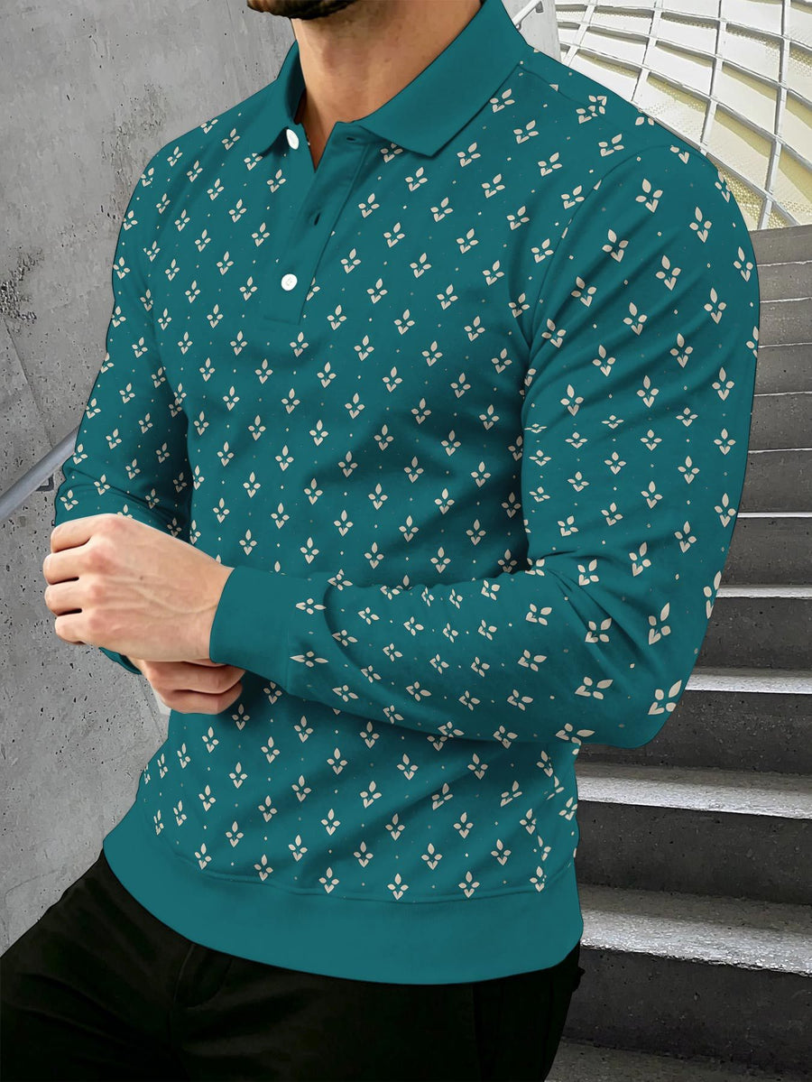 Men's Novelty Fashion Long-Sleeve Top with Fine Starburst Vintage Print, Three-Button Polo Shirt with Access Control Design, Punk Street Style Lapel Top for Daily Commuting and Outings, Surprise Birthday and Holiday Gift for Men - Mixed Color G