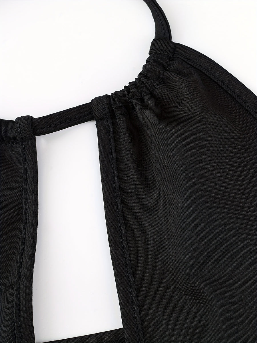 Summer Casual Hollow-Out Sexy Strap Neck Black Fitted Tank Top - Black