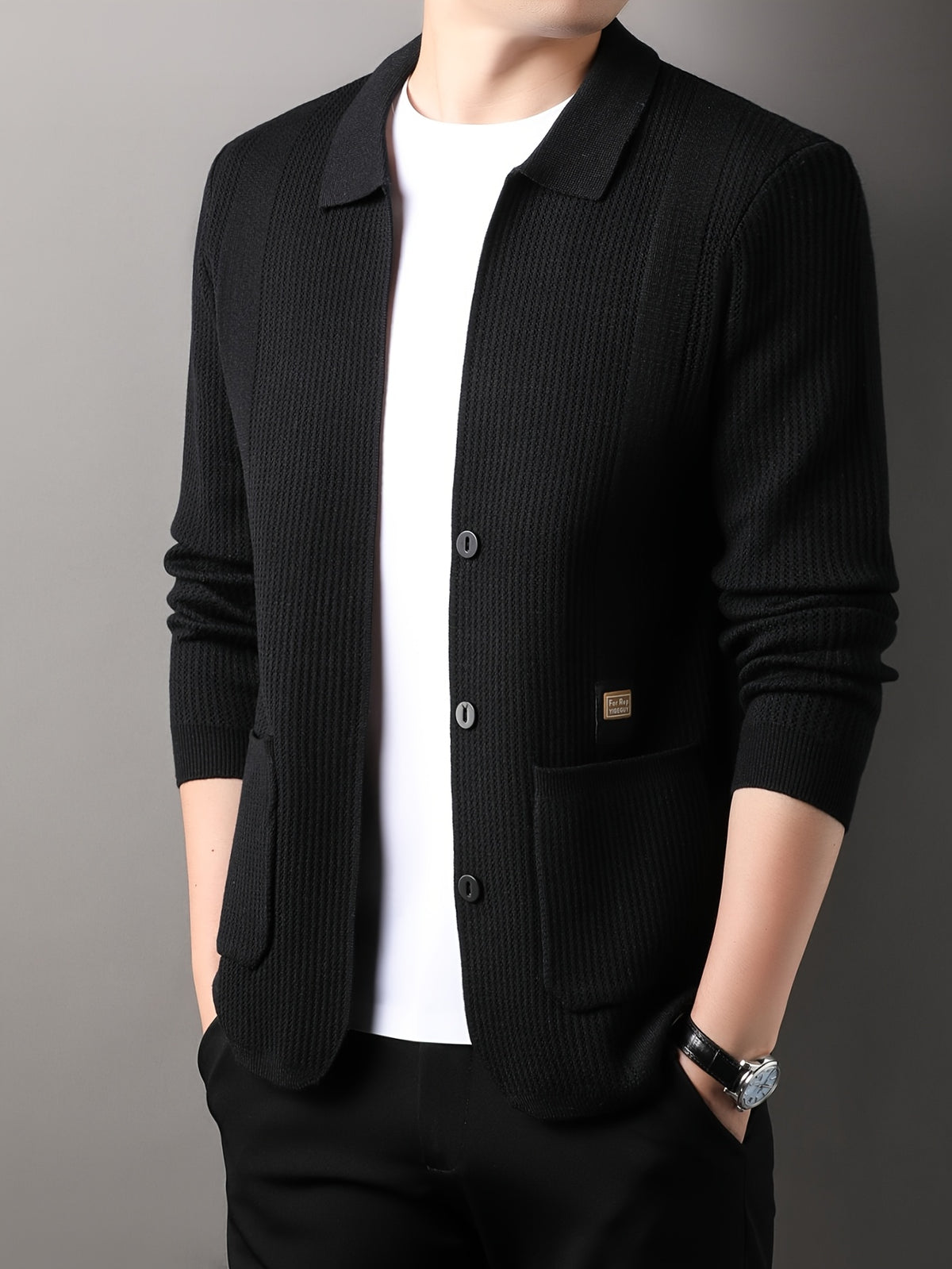 Men's Air-Layer Jacquard Cardigan -Front Lapel - Warm Winter Outerwear Suitable for Fall/Winter, Casual -Front Door Collar, Hand Washable Solid Color Blazer - Black