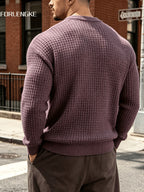 FORLENGKE Autumn/Winter New Arrival Men's Round Neck Waffle Knit Sweater, Three-Dimensional Checkered Weave Texture, Loose Fit Long Sleeve Pullover, Solid Color Basic Style for Daily Streetwear, Commuting, Simple and Versatile, Casual Inner or Outer - Purple