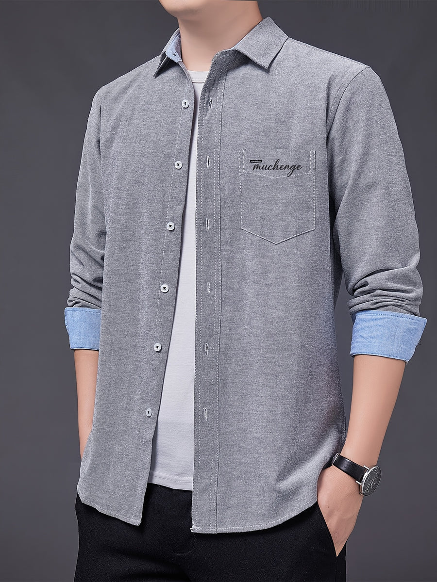Men's Oxford Cloth Long-Sleeve Shirt for Spring/Autumn, with Lapel Collar, Simple Pocket, and English Print Decoration. Features Contrast Color Cuffs and Collar Design. A Versatile Basic Shirt for Business Casual Wear, Available in Multiple Colors - Grey