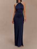Women's Elegant Halter Neck Backless Evening Gown - Sleeveless Bodycon Formal Wedding Dress, Machine Washable High Elasticity Slim Fit Evening Wear - Navy Color