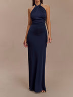 Women's Elegant Halter Neck Backless Evening Gown - Sleeveless Bodycon Formal Wedding Dress, Machine Washable High Elasticity Slim Fit Evening Wear - Navy Color
