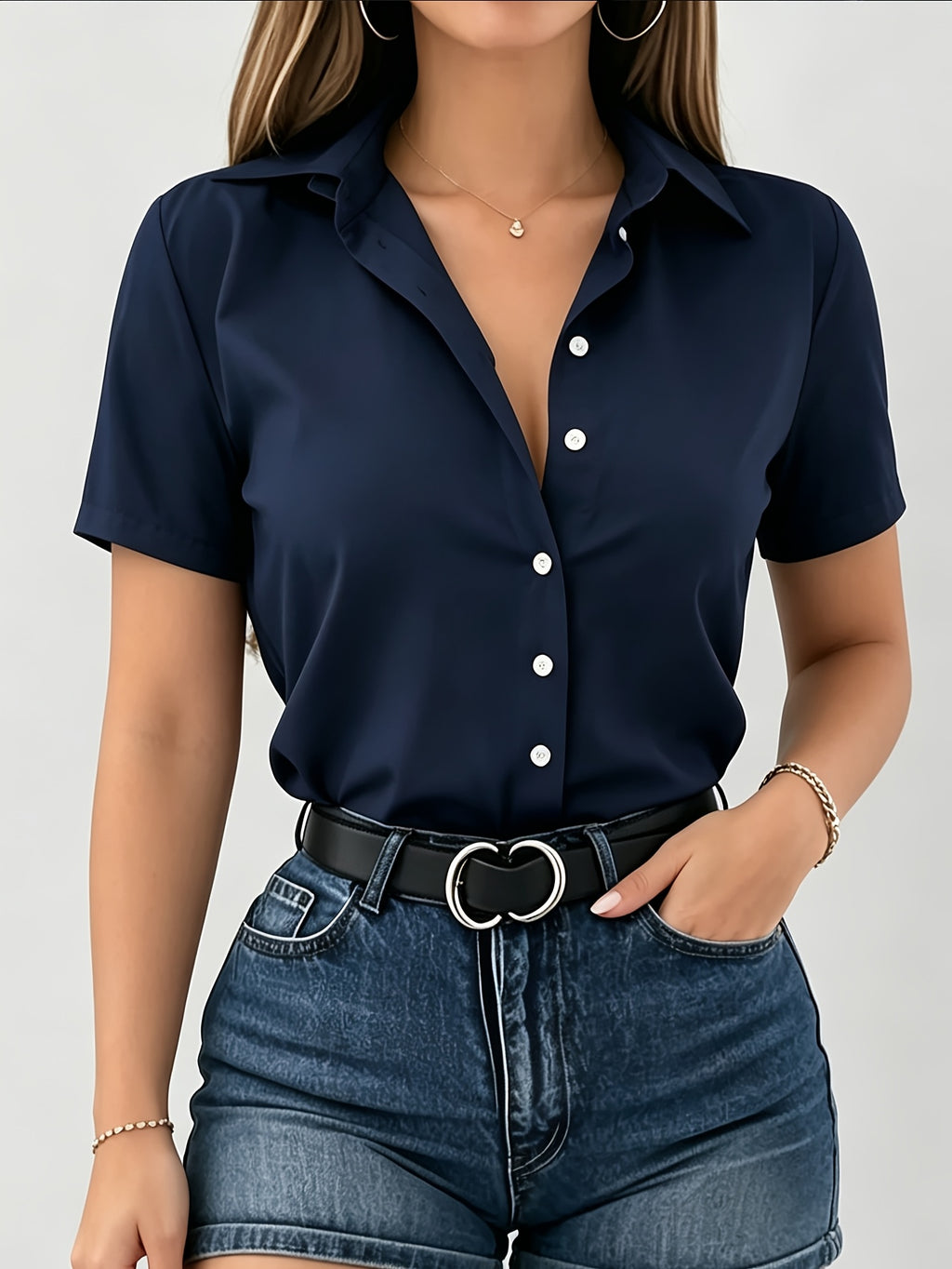 Spring/Summer Women's Short-Sleeve Solid Color Shirt for Daily and Commuting Wear, Machine Washable Shirt - Navy Color