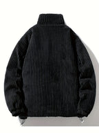 Men's Winter Corduroy Padded Coat with Thickened Lining, Faux, and Striped Design - Black